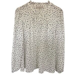 LOFT Polka Dot Ruffle Neck Mixed Media Blouse Black & White Medium